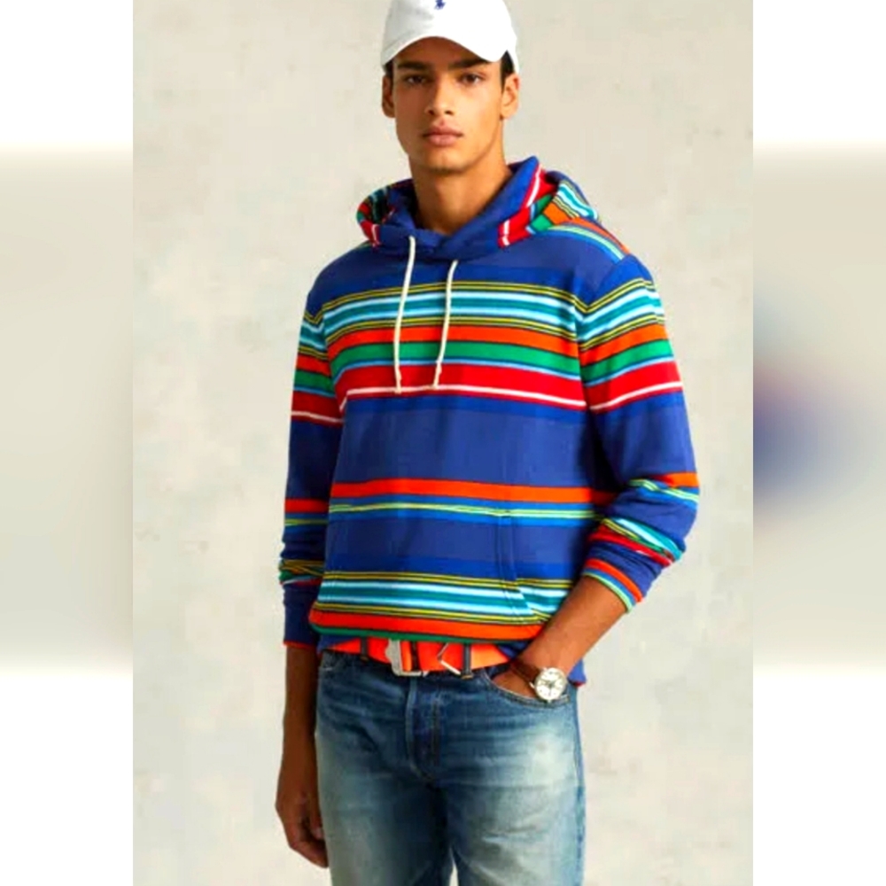 $228 Polo Ralph Lauren Men Cobalt Striped Fleece Hoodie - MEDIUM- NWT !!!